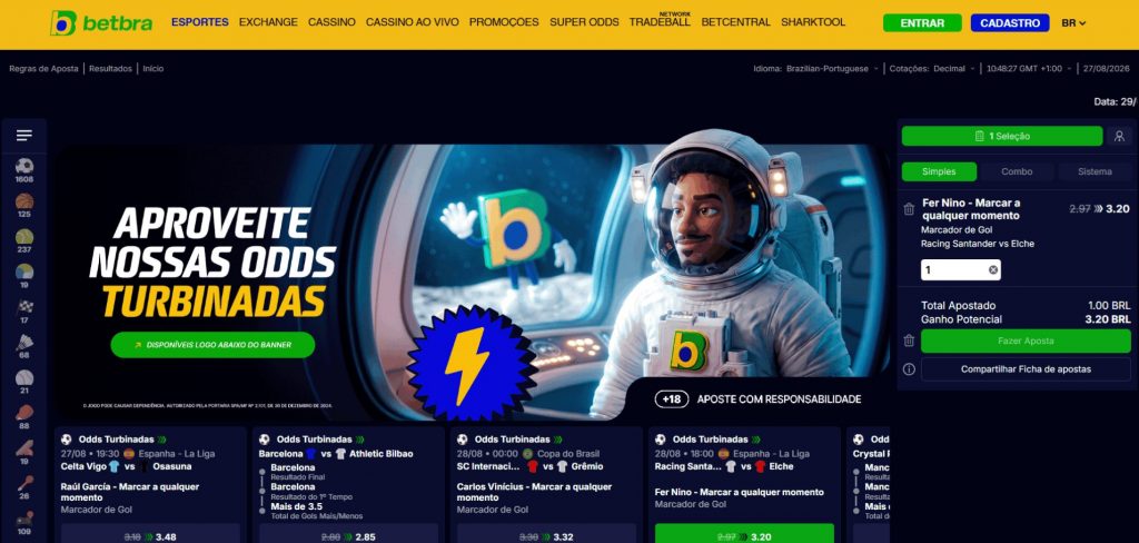 Página do sportsbook da BetBra com boletim de apostas preenchido